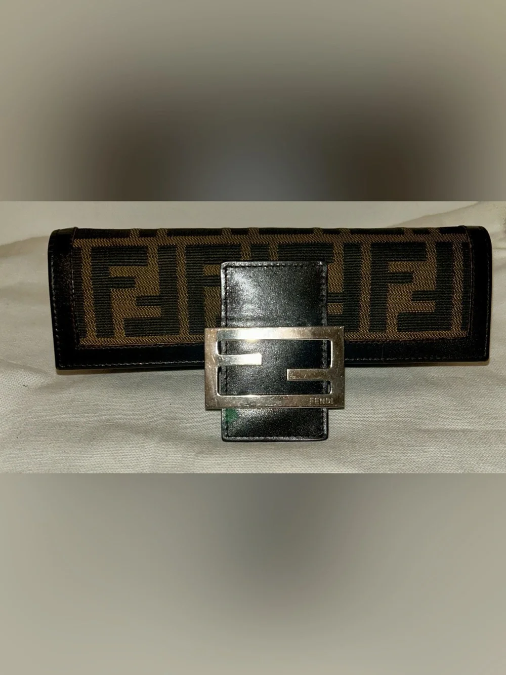 Fendi Brown and Black FF Logo Canvas Clutch with Silver F Buckle - Picture 10 of 10